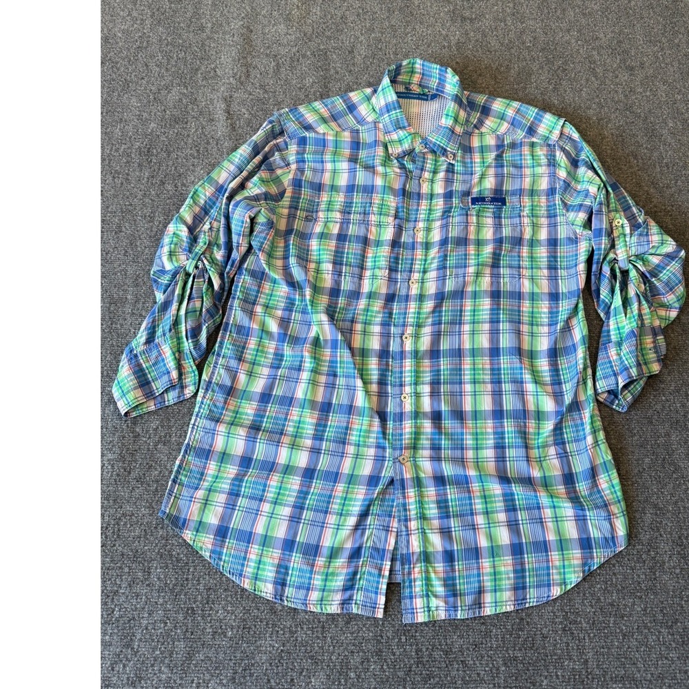 Southern Tide Men's Plaid Button Down fishing Shirt Roll Tab Sleeve L‎